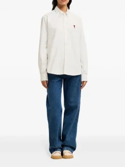Ami Paris Uomo Camicia Bianco Micro Ricamo Cuore Rosso