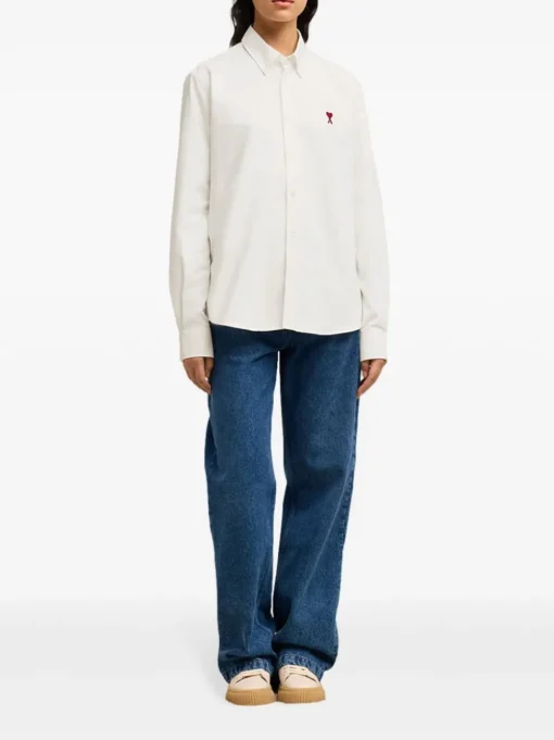 Ami Paris Uomo Camicia Bianco Micro Ricamo Cuore Rosso