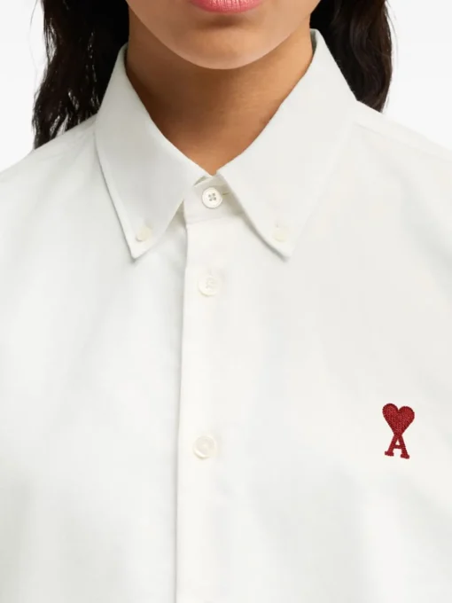 Ami Paris Uomo Camicia Bianco Micro Ricamo Cuore Rosso