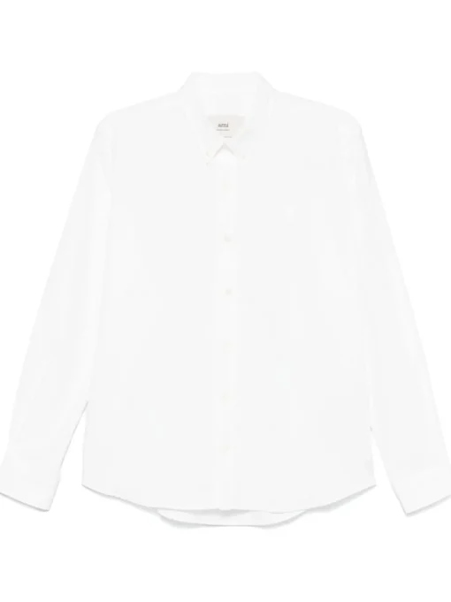 Ami Paris Uomo Camicia Bianco Micro Ricamo Cuore Bianco