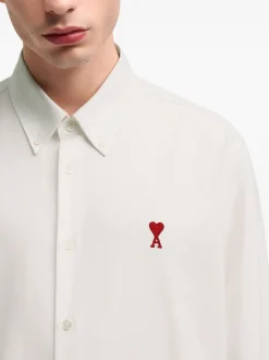 Ami Paris Uomo Camicia Bianco Micro Ricamo Cuore Rosso