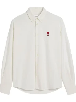 Ami Paris Uomo Camicia Bianco Micro Ricamo Cuore Rosso