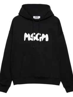 Msgm Felpa Nero Uomo Cappuccio Logo Pennellata