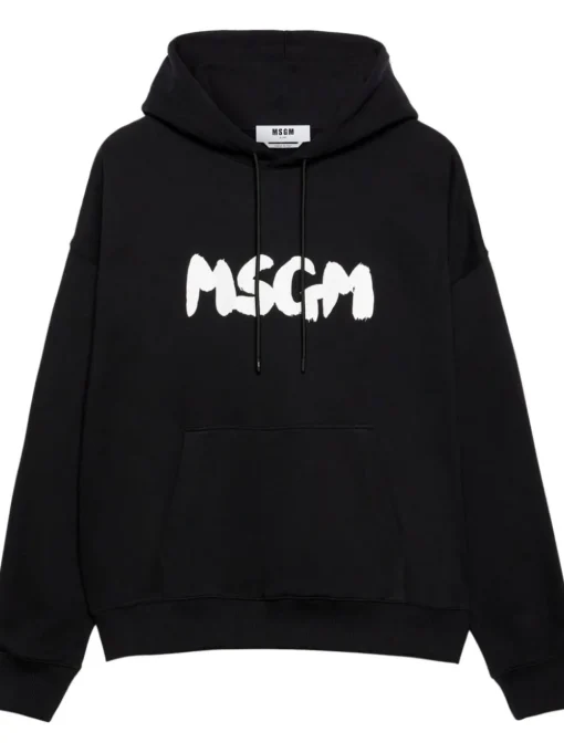 Msgm Felpa Nero Uomo Cappuccio Logo Pennellata