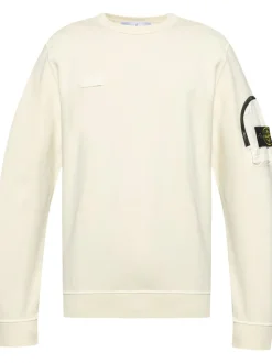 Stone Island Uomo Felpa Bianco Tasca Manica