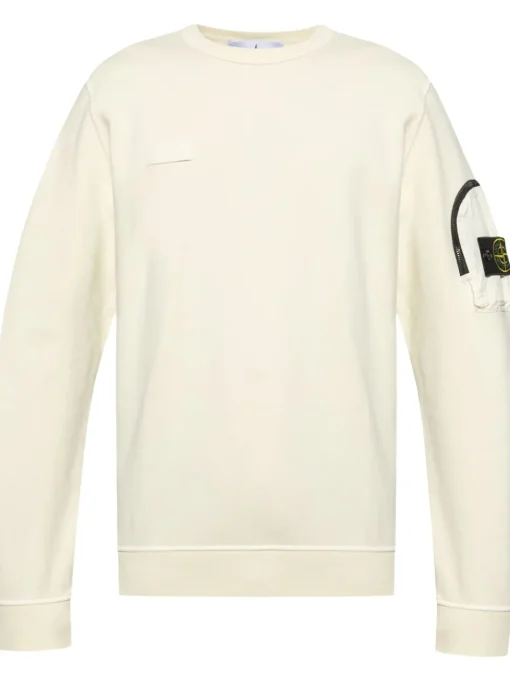 Stone Island Uomo Felpa Bianco Tasca Manica
