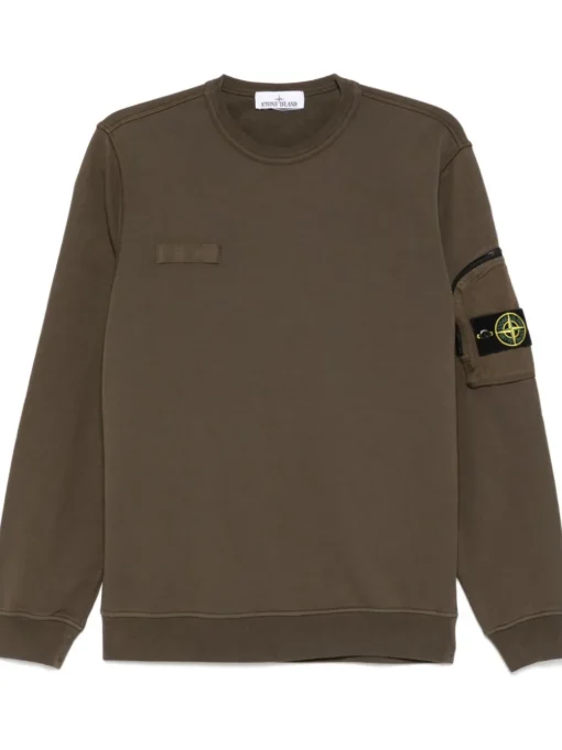 Stone Island Uomo Felpa Verde Tasca Manica